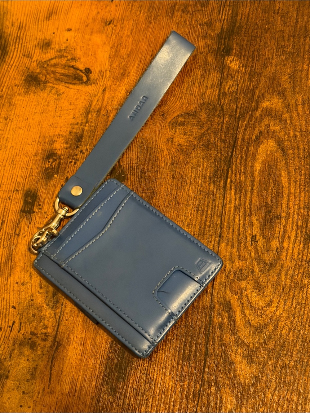 Blue Leather Wristlet Card Holder with Strap